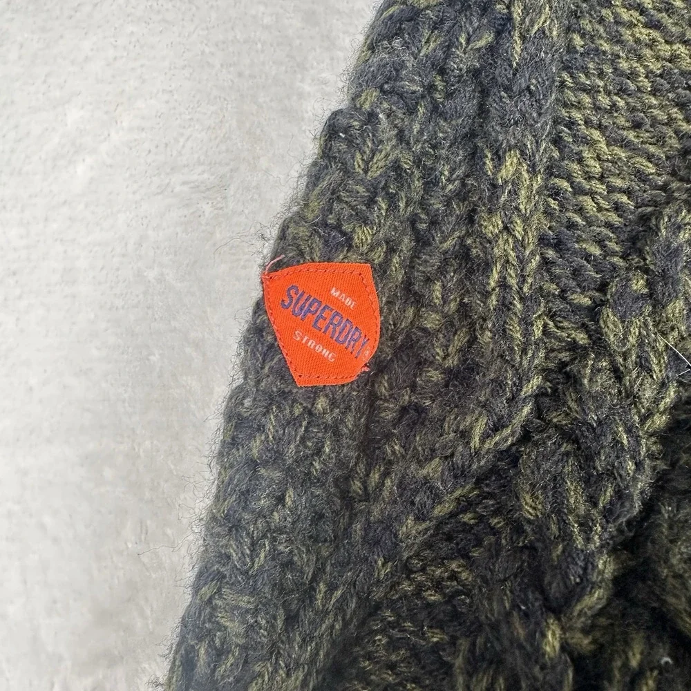 Superdry Mens Cable Knit Fisherman Sweater Olive Green Crewneck NE002 Size Large